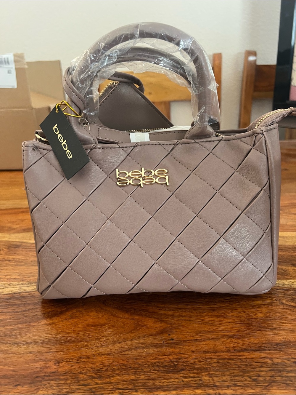 bebe Quilted Top-Handle Satchel in Mauve Taupe